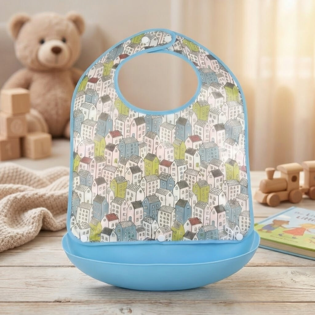 Bavoir Silicone Village Enchanté - Motif Maisons Colorées